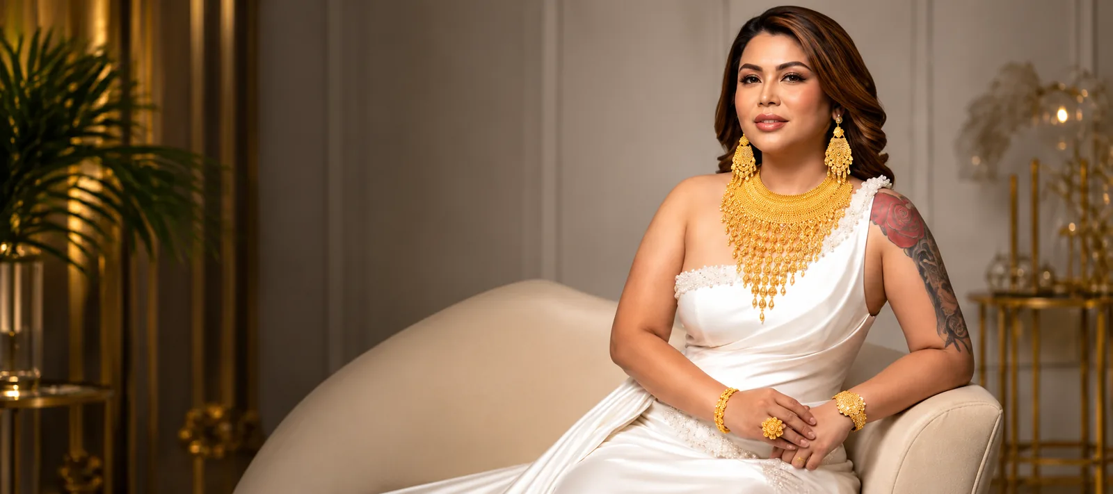 Miss Kim model wearing a 21K Dubai necklace and earrings set