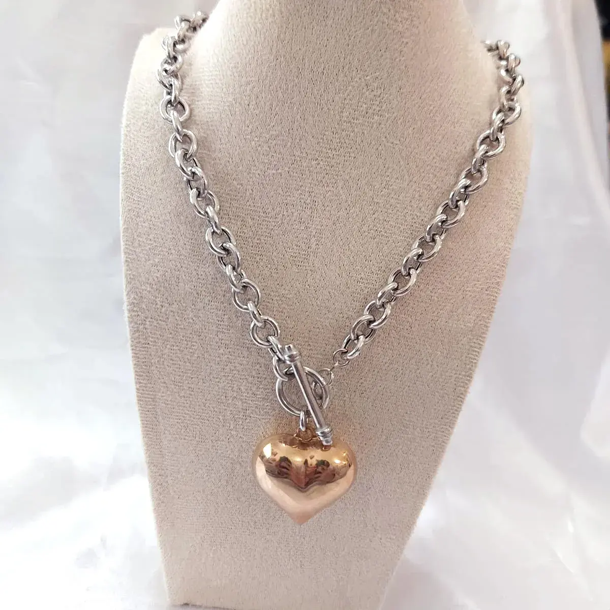 Rolo Chain with Rose-Tone Puffed Heart