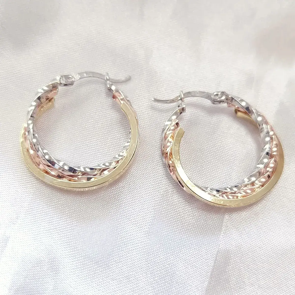 Tri-Tone Diamond-Cut Hoop Earrings