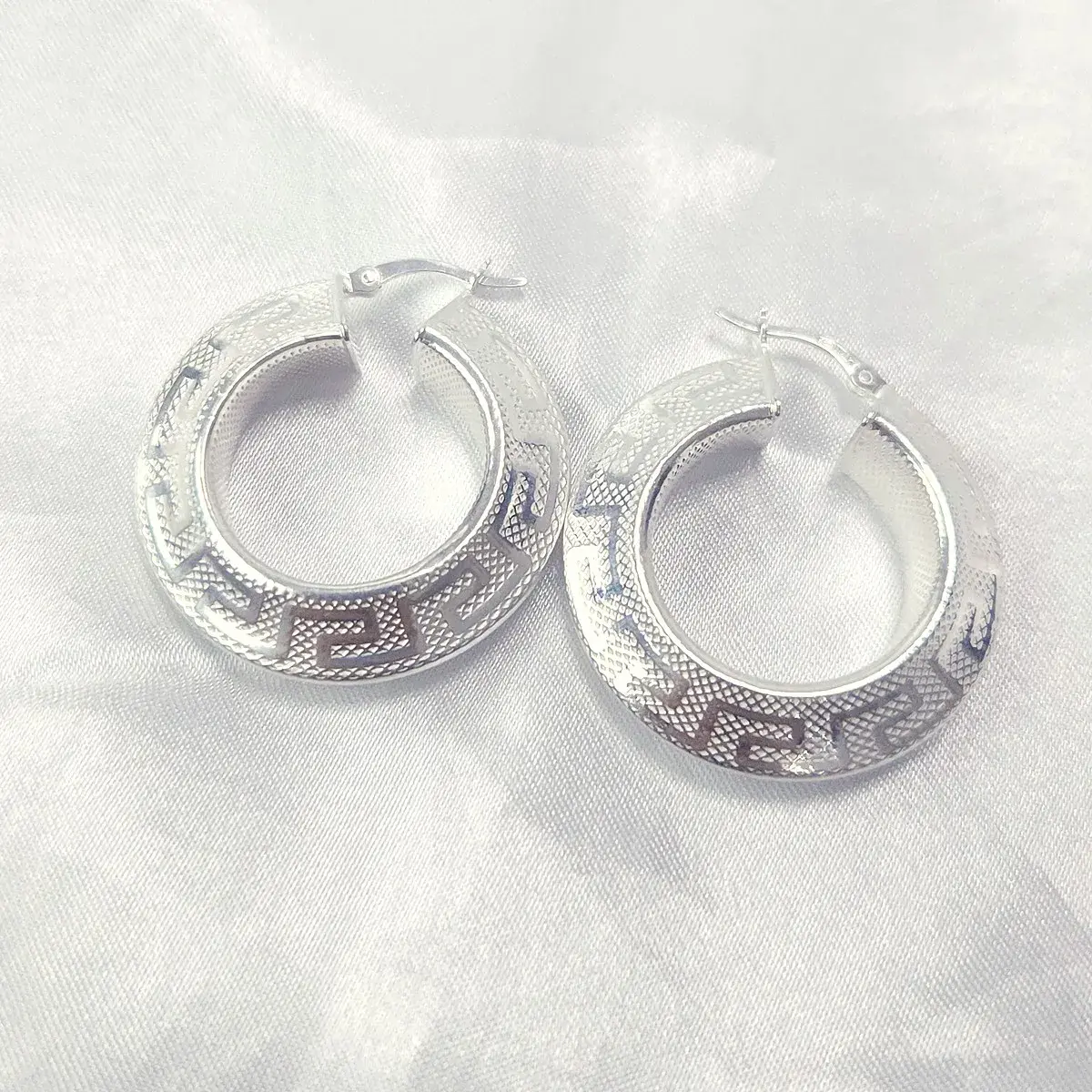 Oxidised Greek Key Wide Hoop Earrings